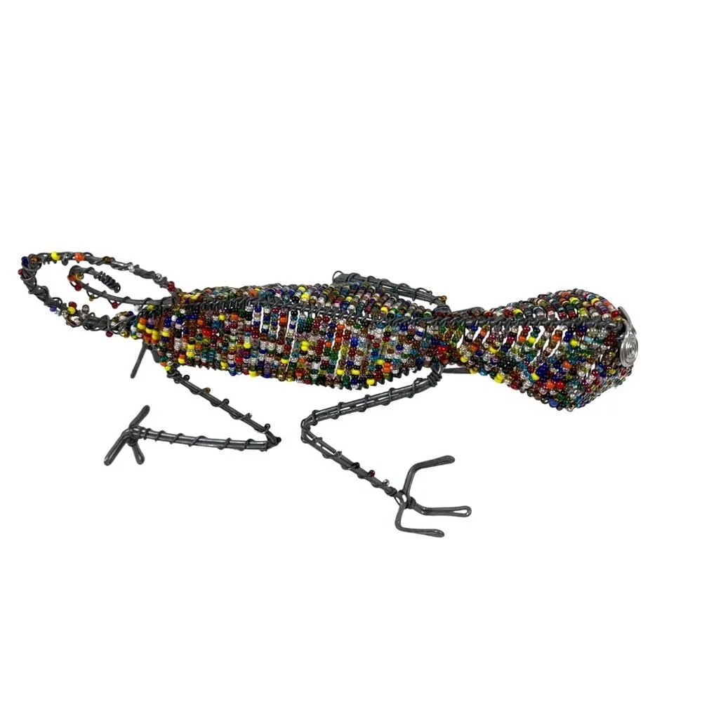 South Africa Handmade Glass Bead Wire Chameleon Lizard Card Pen Holder Vintage - Picture 6 of 10